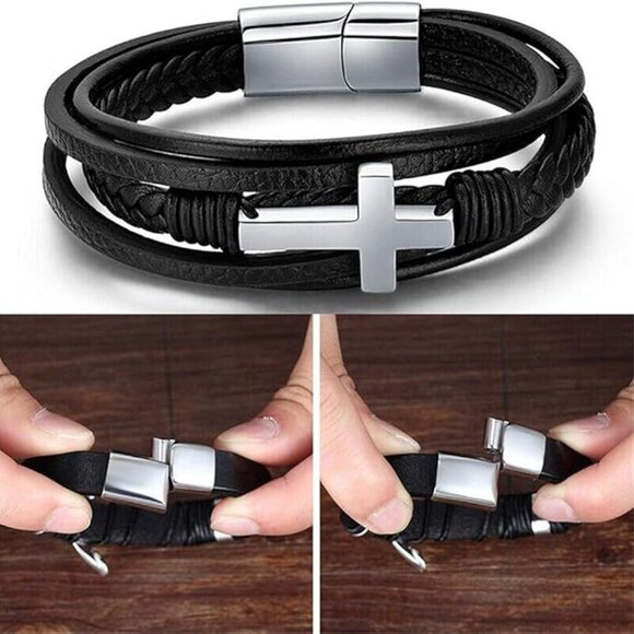 LEATHER 3 JOINED BRACELETS STAINLESS CLASP SILVER CROSS ADJUSTABLE UNISEX NWT - Picture 4 of 9